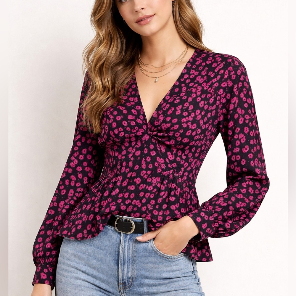 The Kooples Daisy Dots Floral Blouse Pink Black Long Sleeve Size 0 XS NWT‎